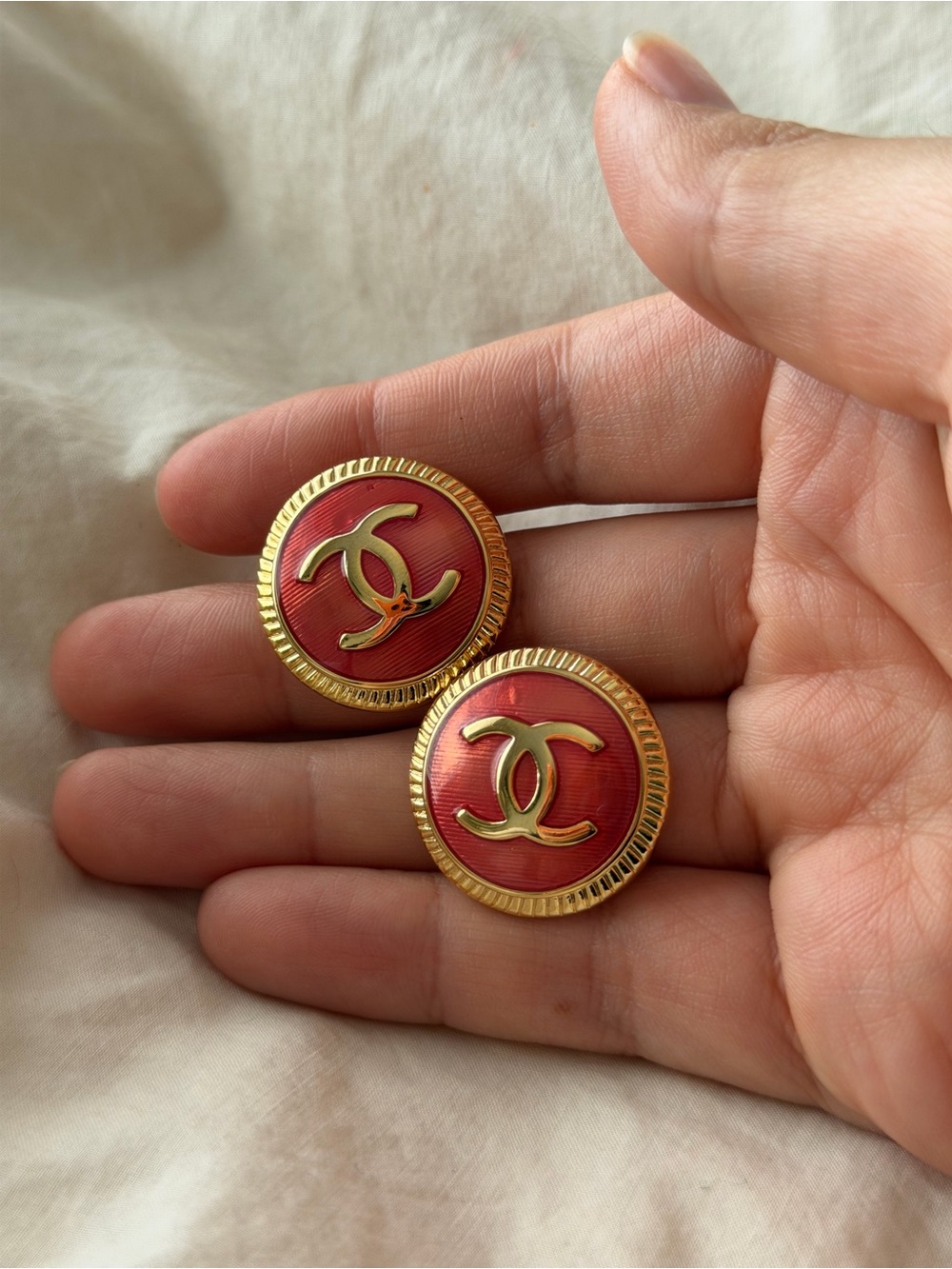 CHANEL Gold-Tone CC Pinkish Red Enamel Earrings - Picture 12 of 14